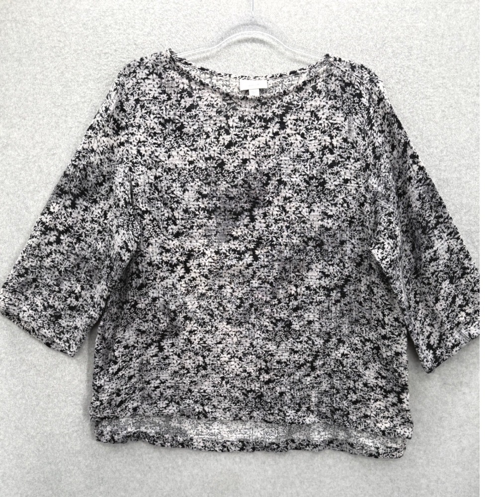 Pure Jill Top Women L Black White Floral 3/4 Sleeve Gauze Cotton Comfort